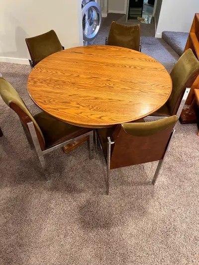 Oak dining table with five chairs, View more