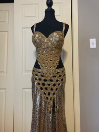 Belly dance suit,golden tiger print,heavily sequined with glass 