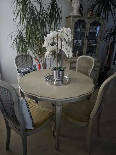 antique dinning table with 4 ratan chairs and hutch , View more