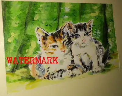 ORIGINAL WATERCOLOUR PAINTING with gouache, of TWO KITTENS, one CALICO, & the other GREY AND WHITE,...