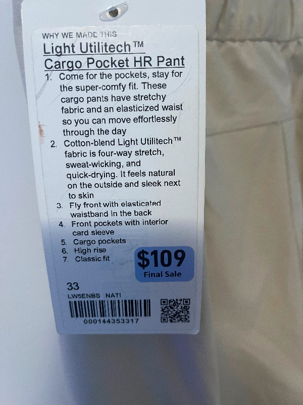 Never worn Lululemon Light Utilitech Cargo Pocket HR Pant - SZ33 in Women's - Bottoms in City of Toronto - Image 3