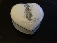 Holly Hobbie porcelain heart shape jar with lid  "a happy”