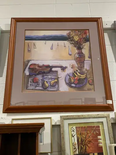 This is a beautiful used piece of artwork depicting a still life with a violin, fruit, and flowers....