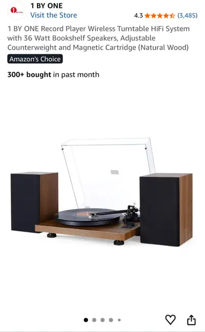 1 BY ONE Record Player Wireless Turntable HiFi System with 36 Watt Bookshelf Speakers, Adjustable Co...