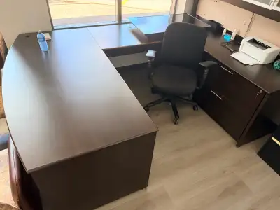 executive u-shaped desk with overhead hutch and bookcase, View more