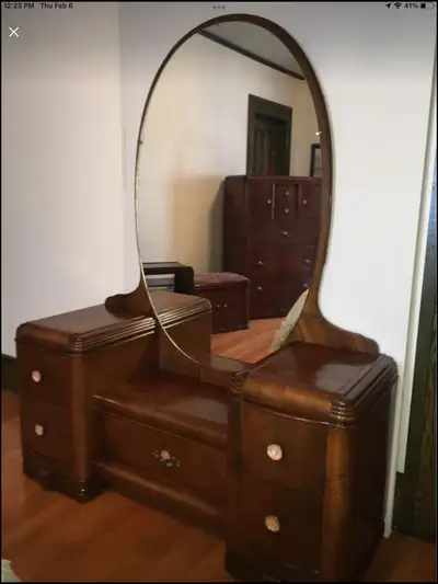 Gorgeous Vintage Vanity, Mirror, Bench, End Table + Dresser, View more