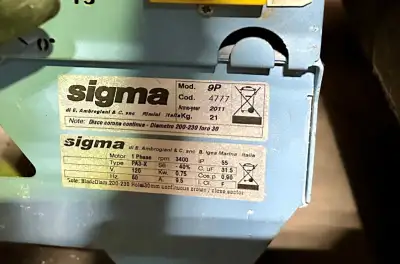 Sigma Tile Cutter Model 9P Type PA3-X 1PH 0.75KW 3400RPM 120V 60Hz 9.5A IP55 Anno-year 2011. Good co...