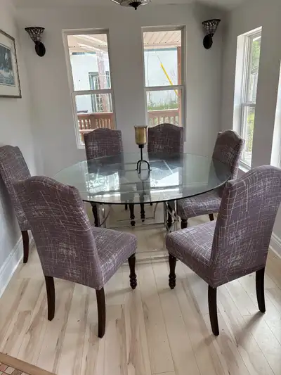 glass table with 6 chairs , View more