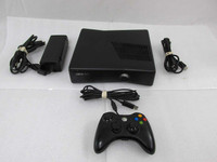 Xbox 360 slim gaming console with controller and power supply
