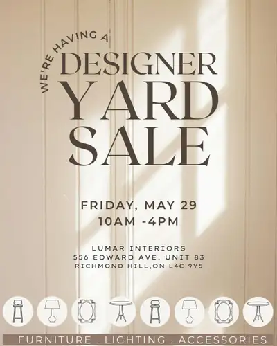 Designer Yard Sale- Furniture, Lightning, Accessories, Fabric, View more
