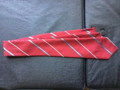 red necktie with grey and white stripes , View more