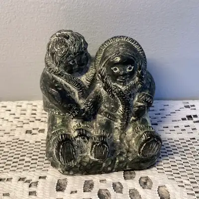 Vintage THE WOLF SCULPTURES Figurine of a Smiling Inuit Couple, View more
