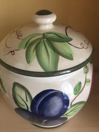 New Still In Box -Ceramic Lidded Biscuits Pot, hand painted, Paradiso. Decor of fruit on cream backg...