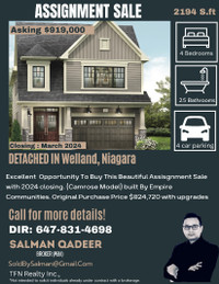 Assignment Sale in Thorold - Closing in Jan 2024