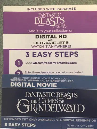 Digital Copy Codes Harry Potter Fantastic Beasts 1 & 2