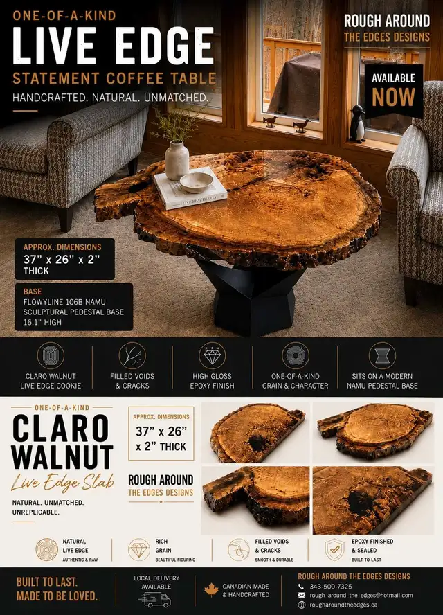 Claro Walnut Live-Edge Coffee Table  in Coffee Tables in Ottawa - Image 2