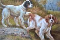 Original VINTAGE OIL ON WOOD BOARD DOGS Painting Signed 18"X16"