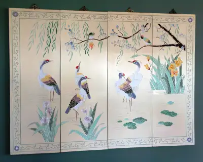 These 4 panels have brass hangers and, -in total, measure 48" x 36". They are old and there is some...