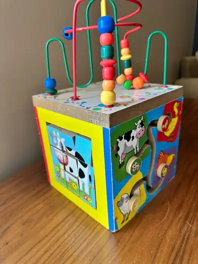 Wooden Activity Cube toy - 5 sides of fun - bead maze, clock, View more