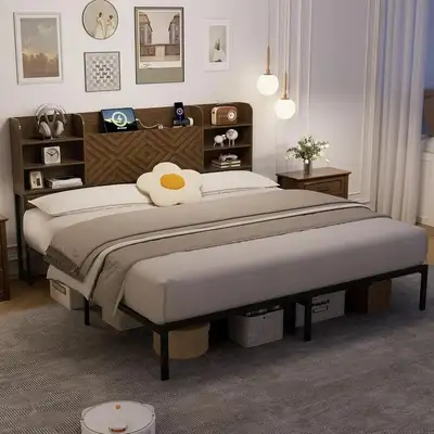 Farmhouse King Size Bed Frame with Move Storage Headboard, View more