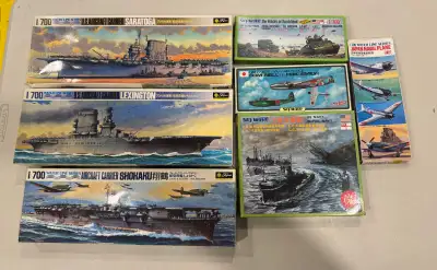 Vintage model kits: 3x aircraft carrier models, 2x planes & ship, View more