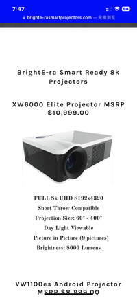 New 3D 8K BrightEra XW6000  Smart Tv Projector with free screen 