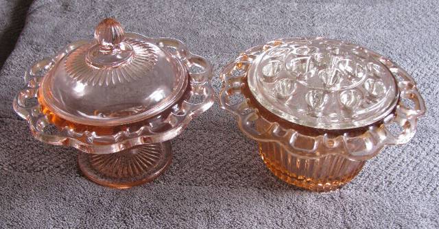 Pink Depression Glass Open Lace Edge Compote & Flower Frog 2 Lot in Arts & Collectibles in Saint John