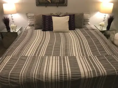 King size grey and white stripe duvet cover and shams, View more