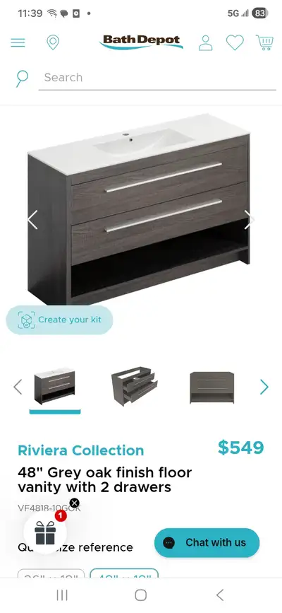 Brand new vanity with porcelain countertop. Didn't fit our space. 48" x 18" .Greyish brown in color....