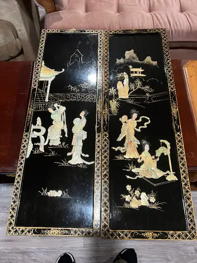 2X Chinese Black Lacquer Mother of Pearl Magnificent Pair 12X36", View more