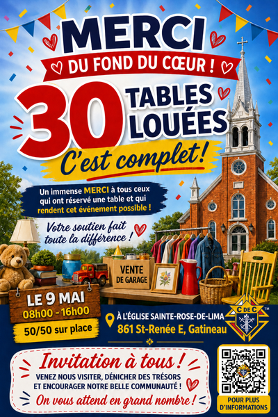 Vente de garage à Gatineau!!! Nos 30 tables sont maintenant louées et nous sommes très reconnaissant...