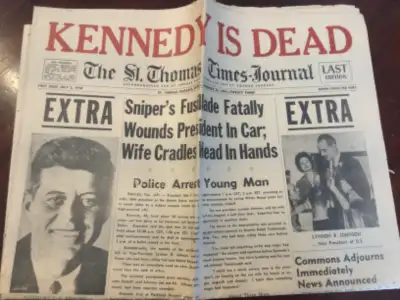 Headline: Kennedy Is Dead I have a newspaper from November 22, 1963. It details the assassination of...
