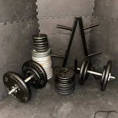 370 lbs Assorted 1" Weight Plates + Dumbbell Handles & Tree, View more