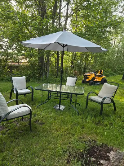Patio Set in good condition. Comes with 4 Chairs, Cushions, Umbrella, Base and Table. Base needs to...