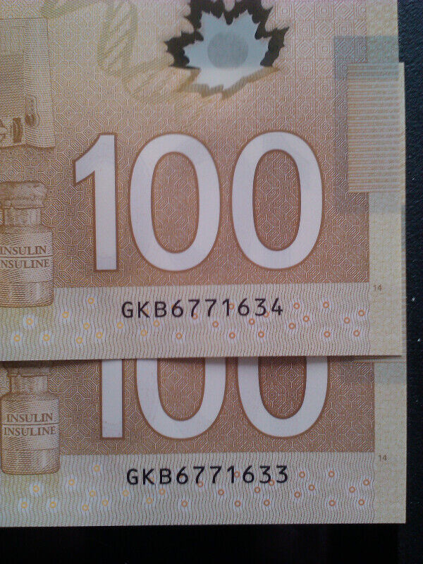 2 UNCIRCULATED SEQUENTIAL 2011 CANADIAN $100 DOLLAR BANKNOTES in Arts & Collectibles in City of Toronto