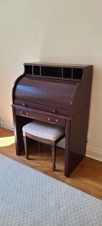 Rolltop Desk with Stool - Smaller Sized, Faux Wood, View more
