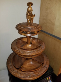 vintage Hand-carved 3-tier wooden trays pyramid lazy susan w. Ox