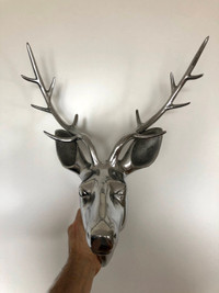 TWO METAL STAG HEADS…CHROME FINISH…WALL DECOR…$30