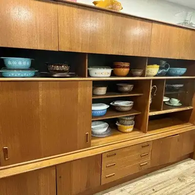 Mid century modern MCM sideboard shelving unit, View more