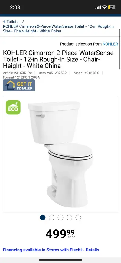 Kohler Cimarron White 1.28 GPF Toilet, View more