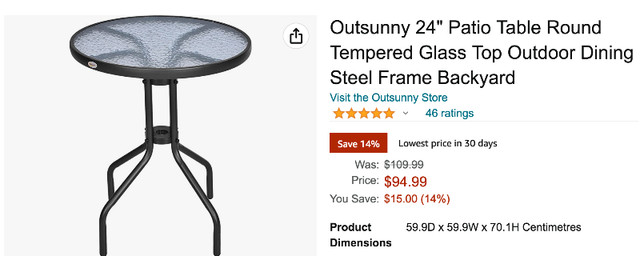 24" Patio table Tempered Glass Top Outdoor Steel Frame INBOX-ORG in Patio & Garden Furniture in Trenton
