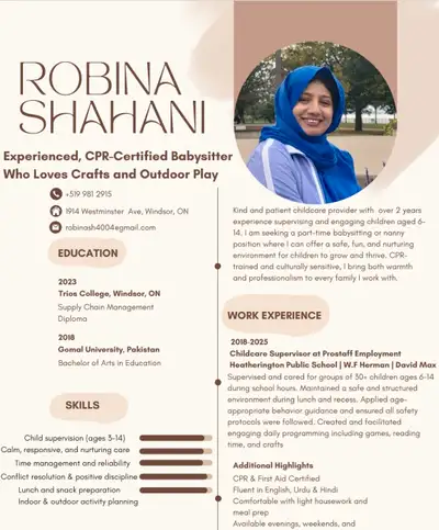 CPR Certified Baby sitter/ Nanny with an experience of 2 years, View more