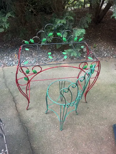 Vintage wrought iron makeup vanity set table and matching chair,