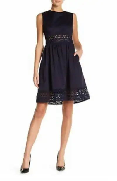 **PRICE IS FIRM** TED BAKER Eyelet Lace A-Line Fit Flare Dayzey Dress, navy blue with rose gold zipp...