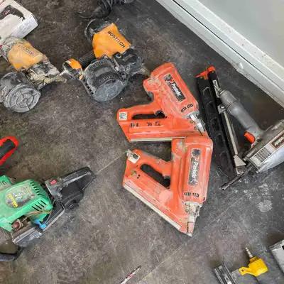 Roofing nailers Brad nailers Miter saw Chainsaws Skill saws Grinders Drills Rigid air pig with stora...