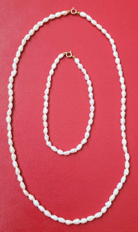Vintage Genuine Natural Pearl 10K Gold Clasp Necklace & Bracelet