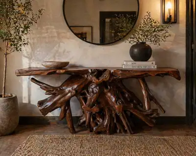 Where nature becomes sculpture. Elevate your space with one-of-a-kind console tables crafted from na...