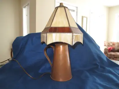 ANTIQUE COPPER KETTLE LAMP with Leaded Glass Shade, View more