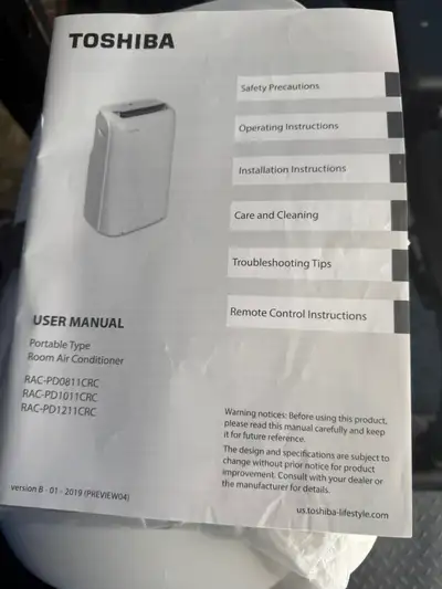 Toshiba portable AC Model # RAC-PD081CRC 8000 BTU 1000 Watt come complete with window kit and exhaus...