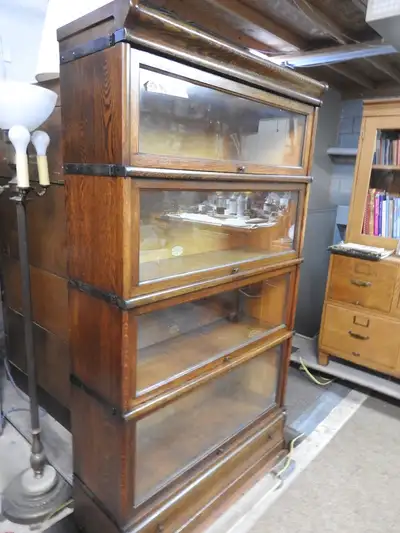 4 tier sectional antique barrister bookcase with drawer, View more